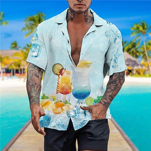 

Men's Shirt Summer Hawaiian Shirt Lemon Graphic Prints Drink Cuban Collar Blue Light Blue Casual Holiday Short Sleeve Button-Down Print Clothing Apparel Tropical Fashion Streetwear Hawaiian