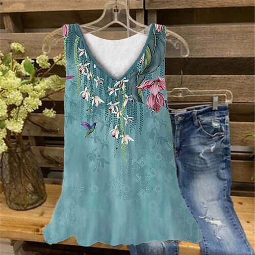 

Women's Tank Top Blue Floral Print Sleeveless Daily Holiday Streetwear V Neck Regular Plus Size XL