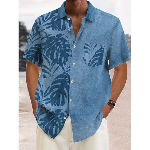 

Herren Hemd Hawaiihemd Sommerhemd Grafik-Drucke Blätter Umlegekragen Blau Outdoor Strasse Kurze Ärmel Button-Down Bedruckt Bekleidung Leinen Tropisch Modisch Hawaiianisch Designer