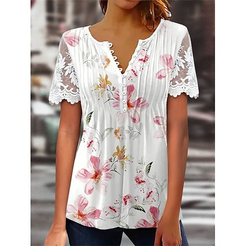 

Mujer Camisa Blusa Blanco Verde Claro Rosa Floral Encaje Botón Manga Corta Casual Festivos Básico Escote Redondo Regular Flor S