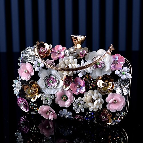 

Per donna Tracolla Evening Bag Raso Feste Perline Lustrini Fiore decorativo Nero Mandorla Azzurro cielo