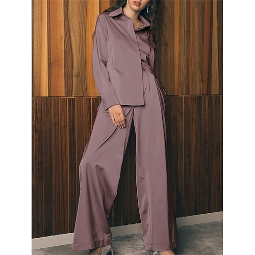 

Per donna loungewear Completi Colore puro Di tendenza Comoda Morbido Interni Giornaliero Per uscire Poliestere Traspirante Bavero Manica lunga Camicia Pantalone Pulsante Primavera Estate Blu Marrone