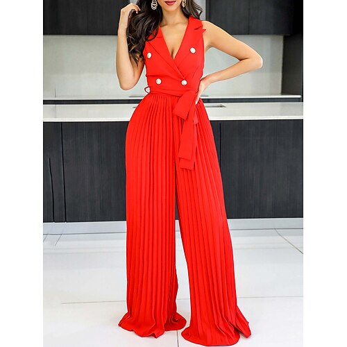 

Damen Jumpsuit mit Schnürung Gefaltet Feste Farbe V Ausschnitt Elegant Ausgefallene B¨¹ro Arbeit Regular Fit Ärmellos Schwarz Weiß Rote S M L XL Sommer