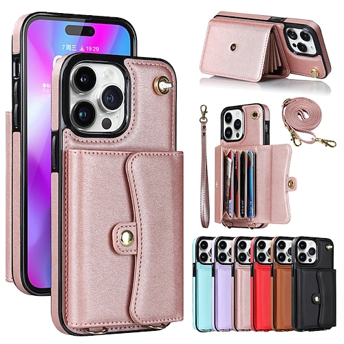 

teléfono Funda Para Apple Tarjetas billetera iPhone 14 Pro Max Plus 13 12 11 Mini X XR XS 8 7 Antirrobo con correa extraíble para el cuerpo cruzado con correa de muñeca Color sólido TPU Cuero de PU