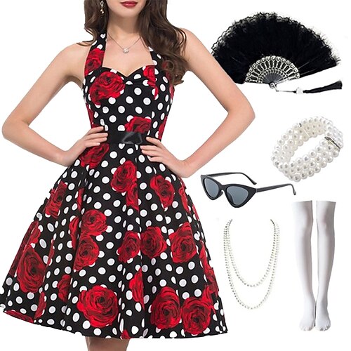 

50s swing dress neckholder flare dress polka dots mit accessoires set cat eye sonnenbrille perlenkette armband strumpfhose federn fan audrey hepburn retro vintage 1950s party masquerade