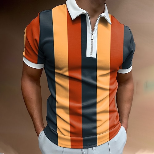

Herre POLO T-skjorte Golf skjorte Zip Polo Stripet Grafiske trykk Aftæpning Oransje utendørs Gate Kort Erme Glidelås Trykt mønster Klær Mote Designer Fritid Pustende