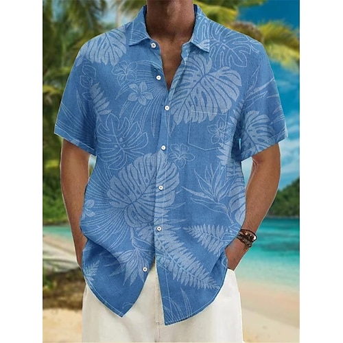 

Herren Hemd Hawaiihemd Sommerhemd Grafik-Drucke Blätter Umlegekragen Blau Outdoor Strasse Kurze Ärmel Button-Down Bedruckt Bekleidung Tropisch Modisch Hawaiianisch Designer