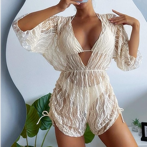 

Women's Swimwear Three Piece Normal Swimsuit 3-Piece Solid Color caramel colour Black White Apricot Beige Bathing Suits Sports Summer