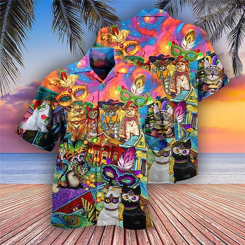 

Homens Camisa Social Camisa havaiana Gato Carnaval Aberto para a Lateral Roxo Casual Feriado Manga Curta Botão para baixo Imprimir Roupa Tropical Moda Havaiana Macia