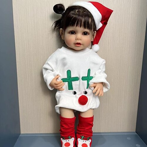 

55cm Full Silicone Christmas Outfit Reborn Smile Baby Doll Kids for Girls Lifelike Black hair Soft Touch High Quality Doll