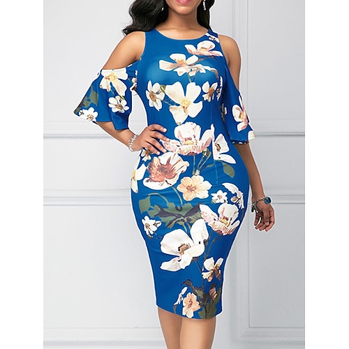 

Per donna Abito da lavoro Vestito tubino Abito semi formale Di tendenza Vestito longuette Stampa Girocollo Manica a 3/4 Floreale Standard Nero Rosso Blu Primavera Estate S M L XL XXL
