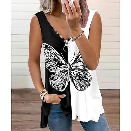 

Per donna Canotte Nero Color Block Farfalla Chiusura lampo quarto Stampa Senza maniche Informale Fine settimana Essenziale A V Standard Farfalla S