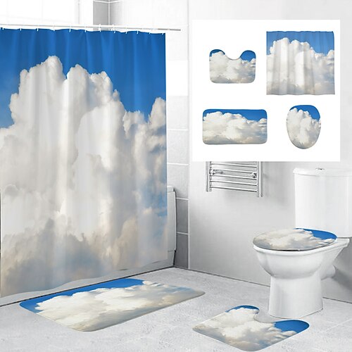 

Juego de cortinas de baño de 4 piezas con tapete para tapa de inodoro con tapete de baño antideslizante para baño, patrón de nubes de cielo, cortina de baño de poliéster impermeable con 12 ganchos, decoración de baño