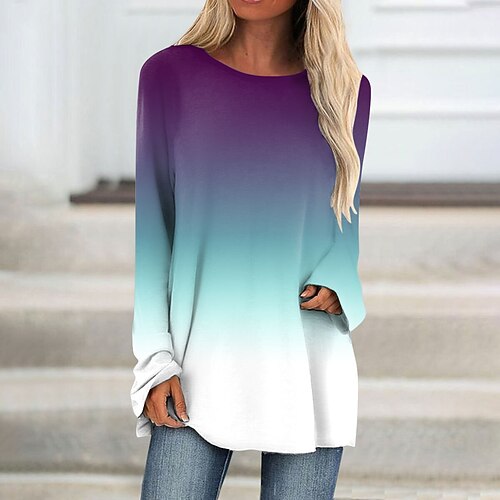

Women's T shirt Tee Red Blue Purple Color Gradient Print Long Sleeve Daily Weekend Basic Round Neck Long Painting S