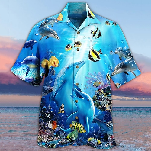 

Men's Shirt Summer Hawaiian Shirt Graphic Prints Marine Life Turndown Blue Casual Holiday Short Sleeve Button-Down Print Clothing Apparel Tropical Fashion Streetwear Hawaiian