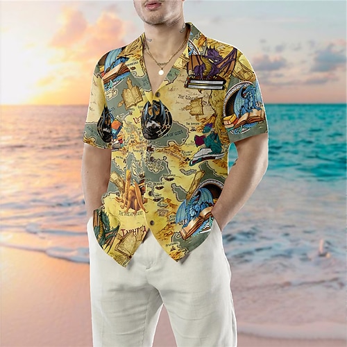 

Homens Camisa Social Camisa havaiana Mapa Estampas Abstratas colar cubano Amarelo Casual Feriado Manga Curta Botão para baixo Imprimir Roupa Tropical Moda Roupa de rua Havaiana