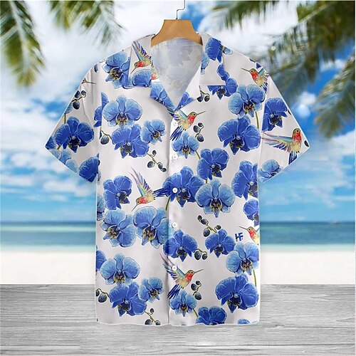 

Herren Hemd Hawaiihemd Sommerhemd Blumen Vogel Grafik-Drucke Kubanisches Halsband Blau Casual Festtage Kurzarm Button-Down Bedruckt Bekleidung Tropisch Modisch Strassenmode Hawaiianisch