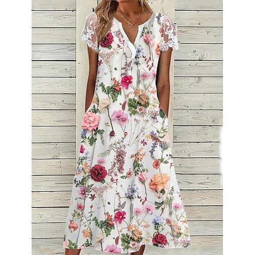 

Dame Uformell kjole Sommerkjole Print kjole Blomstret Blonde Lomme V-hals Midikjole Mote Gatemote utendørs Daglig Kortermet Løstsittende Hvit Vår Sommer S M L XL XXL