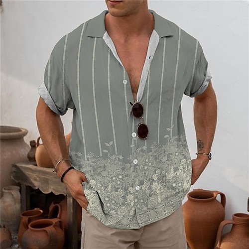 

Herren Hemd Hawaiihemd Sommerhemd Blumen Gestreift Grafik-Drucke Umlegekragen Grün Dunkelgray Grau Strasse Casual Kurze Ärmel Button-Down Bedruckt Bekleidung Tropisch Boho Designer Weich