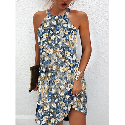 

Dame Uformell kjole Sommerkjole Halter Neck kjole Grafisk Blomstret Trykt mønster Grime Mini kjole Mote Moderne Daglig Ferie Ermeløs Løstsittende Blå Vår Sommer S M L XL XXL