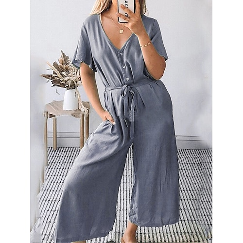 

Damen Jumpsuit Taste Tasche Feste Farbe V Ausschnitt Basic Brautkleider schlicht Täglich Urlaub Regular Fit Kurzarm Grau S M L XL Frühling