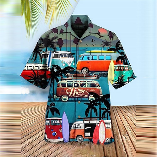 

Men's Shirt Summer Hawaiian Shirt Coconut Tree Graphic Prints Bus Turndown Blue Casual Holiday Short Sleeve Button-Down Print Clothing Apparel Tropical Fashion Hawaiian Soft