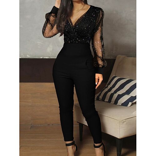 

Women's Jumpsuit Fine Flash Patchwork Party Solid Color V Neck Streetwear Daily Vacation Regular Fit Long Sleeve Black S M L Spring