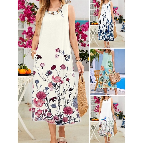 

Per donna Vestito casual Abito senza maniche Abito estivo Floreale Uccello Tasche Stampa Girocollo Vestito longuette Di tendenza Streetwear Esterno Giornaliero Senza maniche Standard Bianco Verde