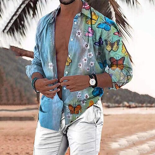 

Hombre Camisa camisa hawaiana Mariposa Estampados Cuello Vuelto Azul Piscina Exterior Calle Manga Larga Abotonar Estampado Ropa Tropical Moda Ropa de calle Hawaiano