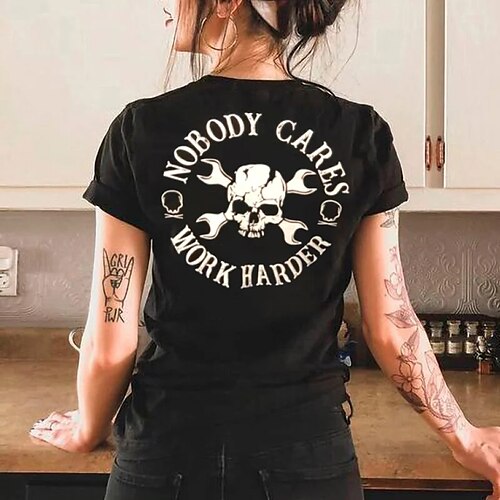 

Women's T shirt Tee Black Skull Text Print Short Sleeve Daily Weekend Basic Round Neck Regular Painting S