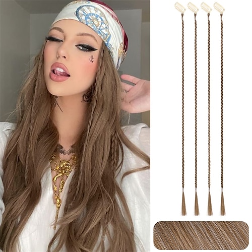  Braid Hair Extensions, 4 PCS Baby Braids Front Side Bang  Curtain Bang Clip in Hair Extensions Long Braided Hair Piece Natural Soft  Synthetic Hair for Women Daily Wear 20 Inch