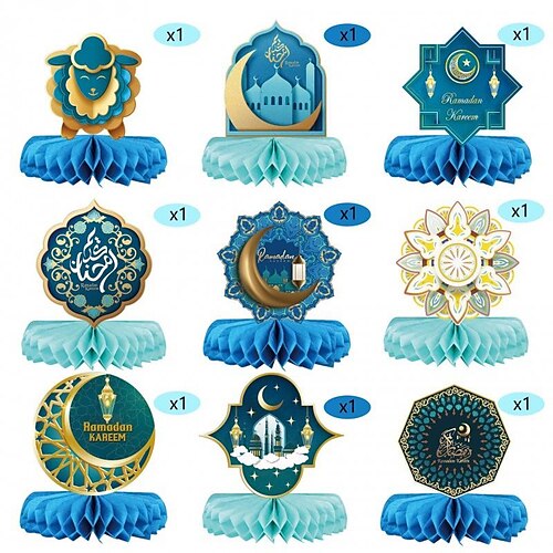 

9 piezas eid mubarak decoración para el hogar ramadan abanico de papel panal decoración de escritorio musulmán feliz año nuevo decoraciones festival islámico