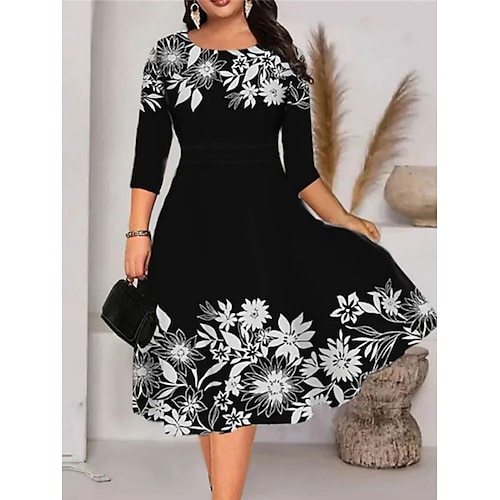 

Women's Plus Size Work Dress A Line Dress Leaf Floral Midi Dress Half Sleeve Print Crew Neck Elegant Office Black White Spring Summer XL XXL 3XL 4XL 5XL