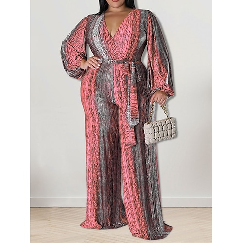 

Damen Jumpsuit mit Schnürung Hohe Taillenlinie Gestreift V Ausschnitt Strassenmode B¨¹ro Strasse Regular Fit Langarm Schwarz Rosa Rote XL XXL 3XL 4XL Herbst