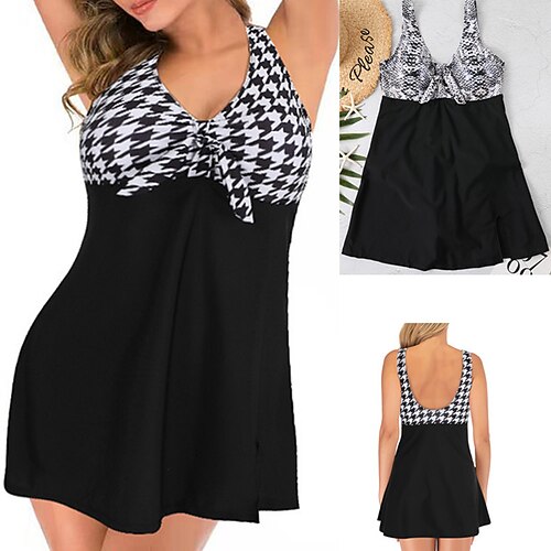 

Women's Swimwear Swim Dress Normal Swimsuit Printing Houndstooth Snake Skin Pattern Black White Bathing Suits Sports Summer