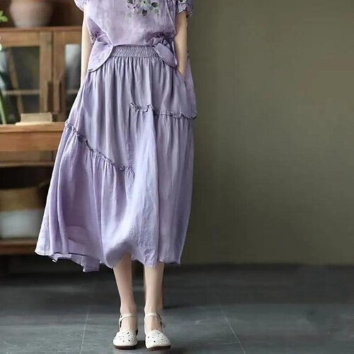 

Women's Skirt Swing Midi Linen Navy Purple Coffee Skirts Ruched Asymmetric Hem Basic Casual Long Street Daily One-Size