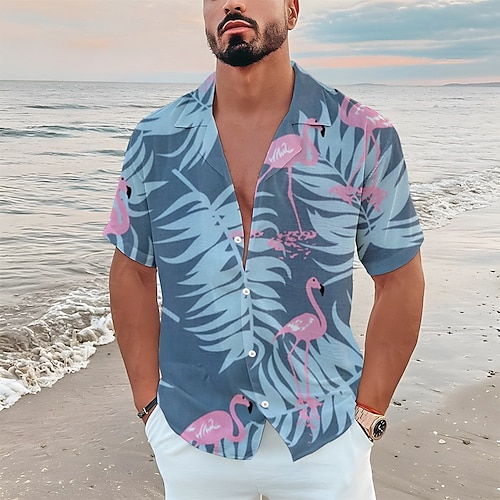 

Hombre Camisa camisa hawaiana Flamenco Estampados Hojas Cuello Vuelto Verde Claro Rosa Azul Real Azul Piscina Azul claro Casual Festivos Manga Corta Abotonar Estampado Ropa Tropical Moda Ropa de