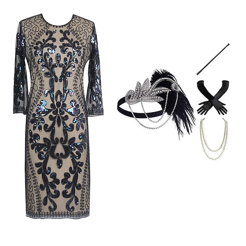 

Gatsby le magnifique Rétro Vintage Les rugissantes années 20 1920s Robe à clapet Tenue Robe de cocktail Femme Paillettes Costume Vintage Cosplay Soirée manche longue Robe