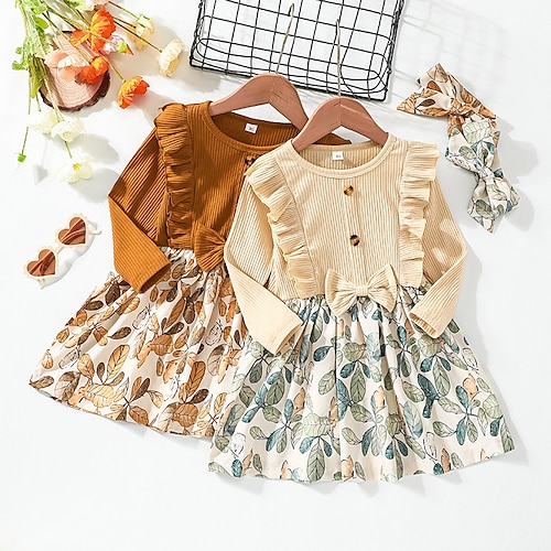 

Bambino Da ragazza Vestito A foglia Abito casual Sopra il ginocchio Vestito Informale Nodo della cravatta Girocollo Manica lunga Di tendenza Vestito 1-6 anni Primavera Marrone Beige