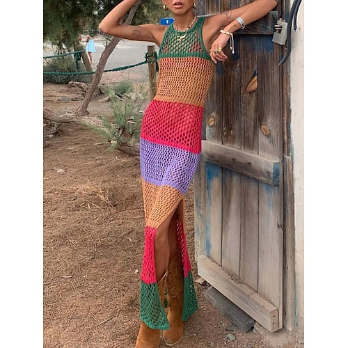 

Mulheres Vestido de moletom Saltador Crochê Tricotar Fenda Buraco Bloco de cor Gola Redonda Básico à moda Diário Feriado Primavera Verão Vermelho S M L