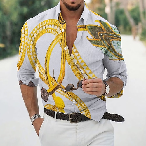 

Homens Camisa Social Estampas Abstratas Correntes Impressão Aberto para a Lateral Amarelo Ao ar livre Rua Manga Longa Botão para baixo Imprimir Roupa Esportes Moda Roupa de rua Designer