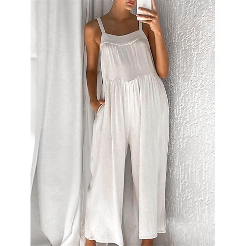 

Women's Jumpsuit Pocket Solid Color Square Neck Basic Daily Vacation Regular Fit Sleeveless White S M L Spring