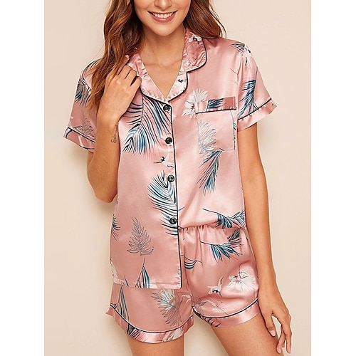 

Dame Pyjamas Pyjamas topp og bukse Sett Stripe Blomsternål i krystall Fritid Komfort Myk Hjem Daglig Seng Sateng Pustende Knaphul Kortermet Skjorte Shorts Knapp Vår Sommer Lys Rosa Hvit