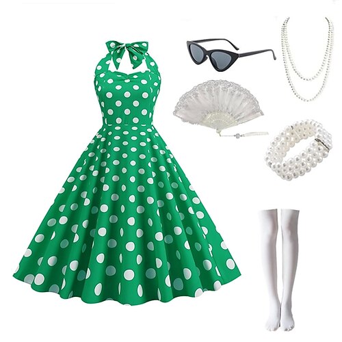 

Audrey Hepburn Retro Antiguo 1950s Halter falda oscilante Vestido acampanado Mujer Disfraz Cosecha Cosplay Fiesta de baile Sobre la Rodilla 1 Brazalete Mascarada