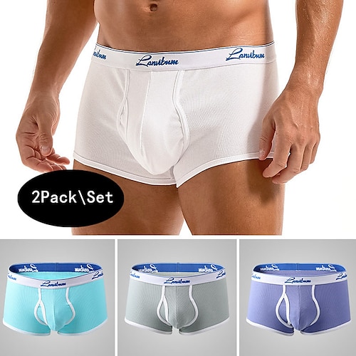 Herren 2 Packungen Unterwäsche Boxer Polyester Atmungsaktiv Weich Farbblock Mittlere Taillenlinie Weiß Gelb