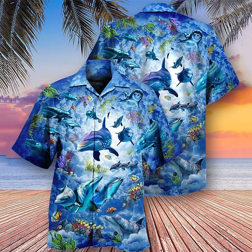 

Homens Camisa Social Camisa havaiana Estampas Abstratas vida marinha Aberto para a Lateral Azul Casual Feriado Manga Curta Botão para baixo Imprimir Roupa Tropical Moda Roupa de rua Havaiana