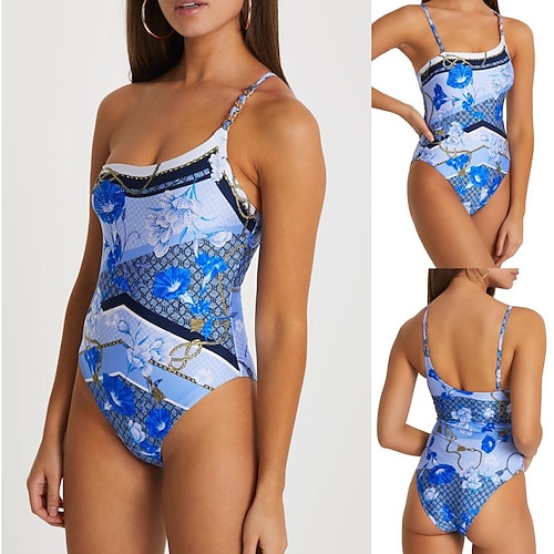 

Women's Swimwear One Piece Normal Swimsuit Printing One Shoulder Floral Blue Bodysuit Bathing Suits Sports Summer