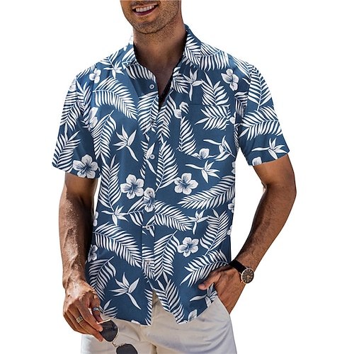 

Hombre Camisa camisa hawaiana Floral Estampados Hojas Cuello Vuelto Azul Oscuro Exterior Calle Mangas cortas Abotonar Estampado Ropa Tropical Moda Hawaiano Design