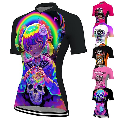 

21Grams Women's Cycling Jersey Short Sleeve Bike Top with 3 Rear Pockets Mountain Bike MTB Road Bike Cycling Breathable Moisture Wicking Quick Dry Reflective Strips Black White Pink Graphic Skull