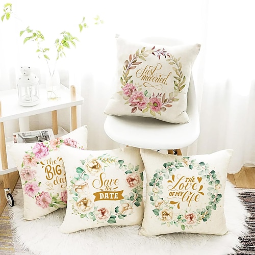 

Wedding Double Side Pillow Cover 4PC Save the date Soft Decorative Square Cushion Case Pillowcase for Bedroom Livingroom Sofa Couch Chair Superior Quality Machine Washable